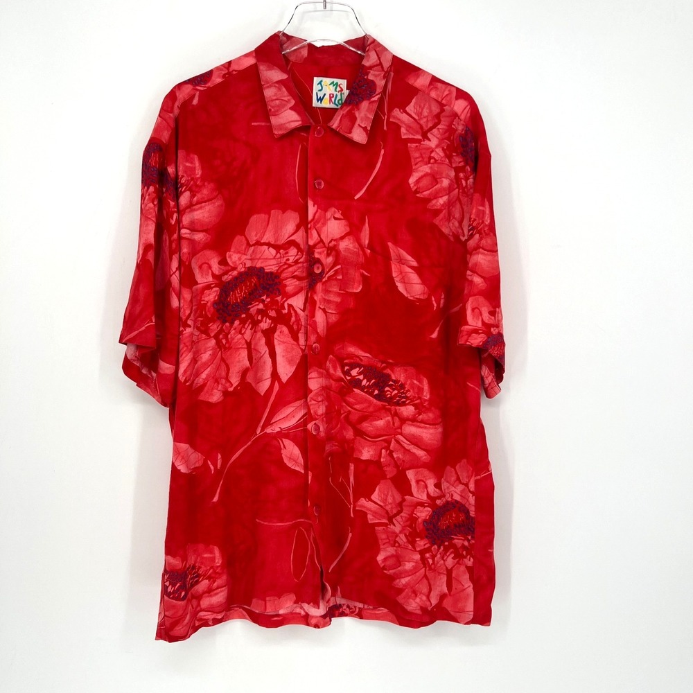 Vtg Jams World Shirt Mens L Full Bloom Floral Red Daisy Hawaiian Tropical